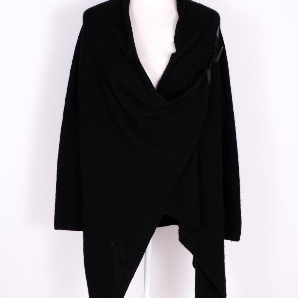 Neiman Marcus Black Cashmere Knit Long Draped Leather Hook Cardigan Sweater SZ L